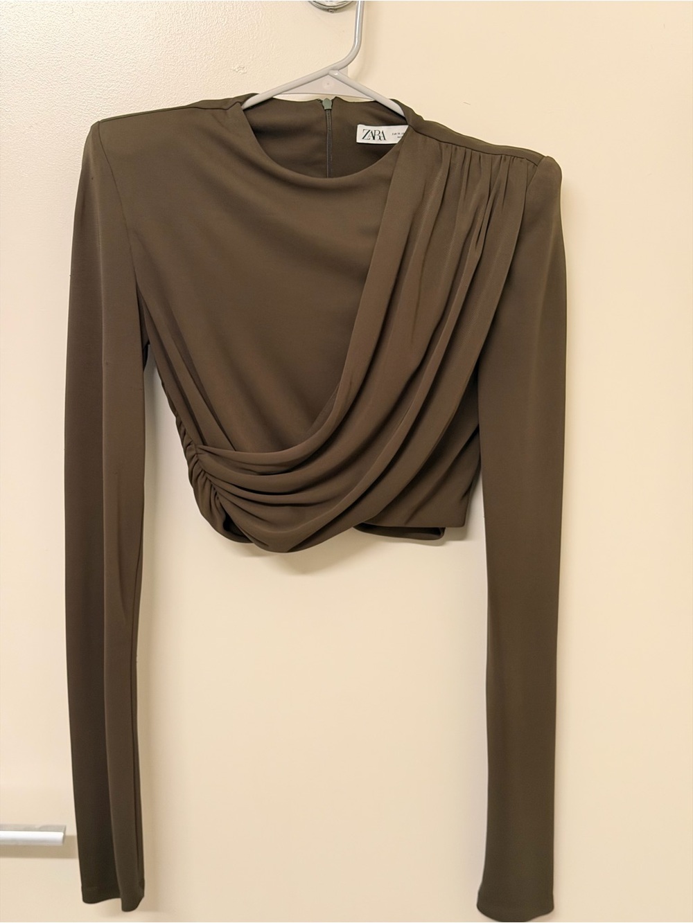 Zara Olive Green Draped Long-Sleeve Top